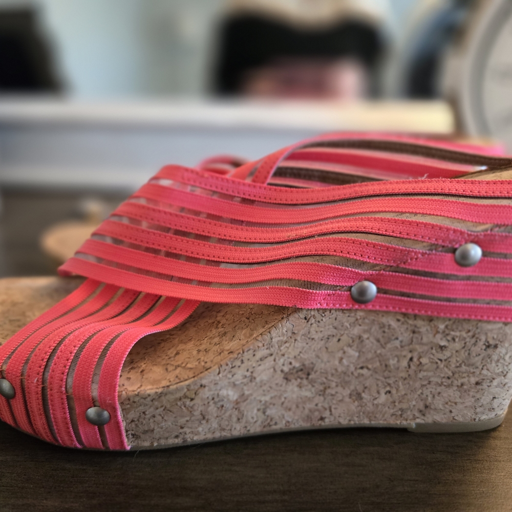 Lucky Brand Pink and Gray Wedge Sandals